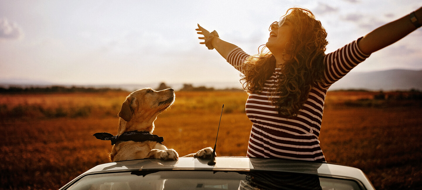 Hund schaut auf sich freuende Frau die in den Himmel schaut